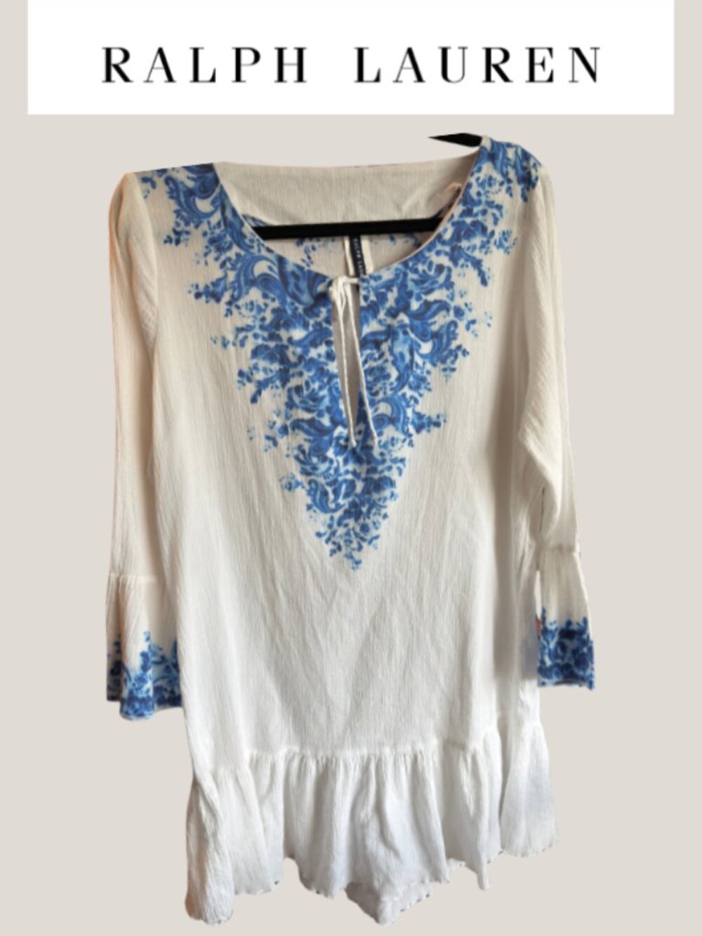 Ralph Lauren Blue White Floral Cotton Ruffle Hem Swimsuit Cover Up Large